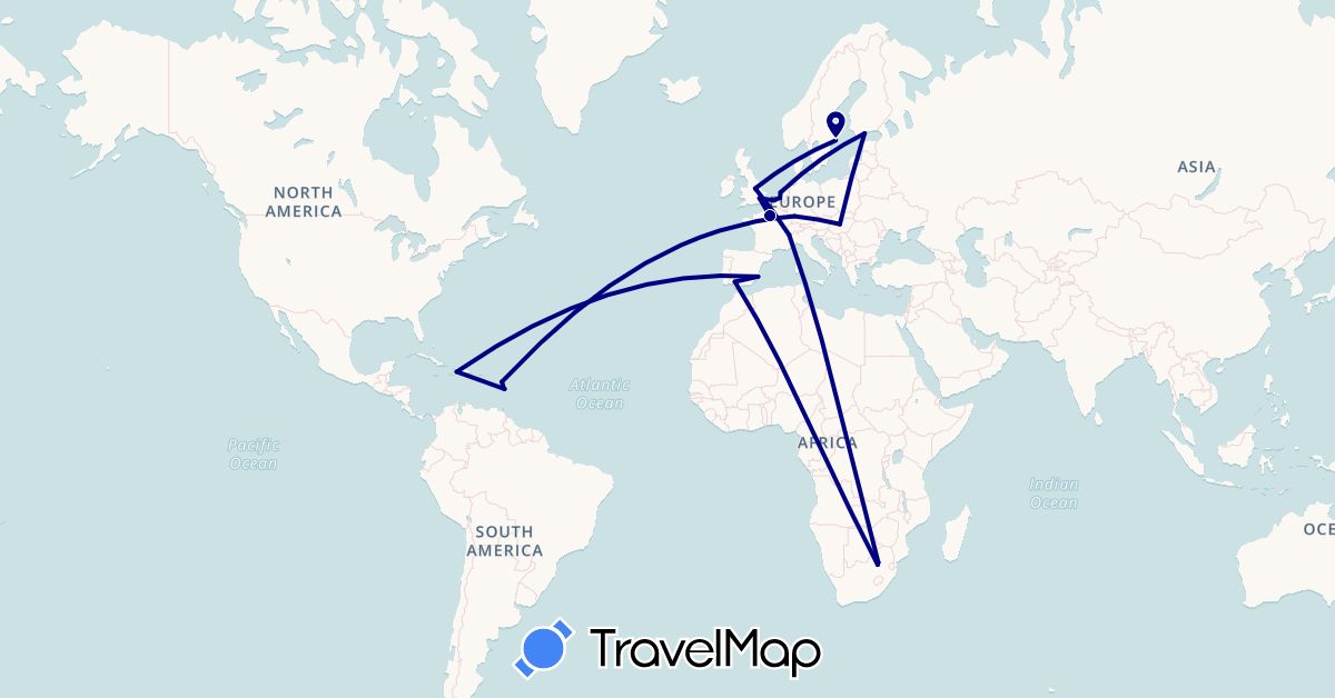 TravelMap itinerary: driving in Belgium, Germany, Dominica, Spain, Finland, France, United Kingdom, Haiti, Hungary, Italy, Netherlands, Sweden, South Africa (Africa, Europe, North America)